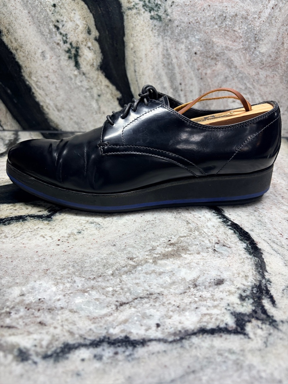 Prada Black Leather Derby Shoes Blue Rubber Sole Women’s EU 37 US 7 Italy - Picture 6 of 11